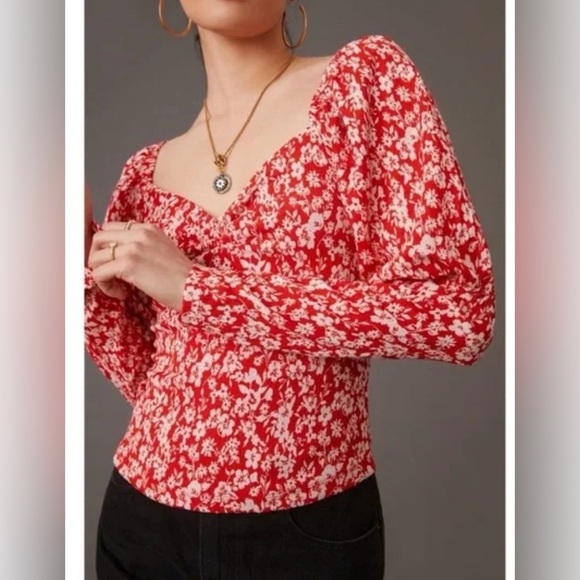 Anthropologie Red and White Flutter Sleeve Ruched Blouse size XS - Picture 1 of 7